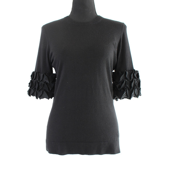 Burberry Silk Cashmere Pleated Ruffle Trim Short Sleeve Sweater M Black Top - Picture 1 of 7